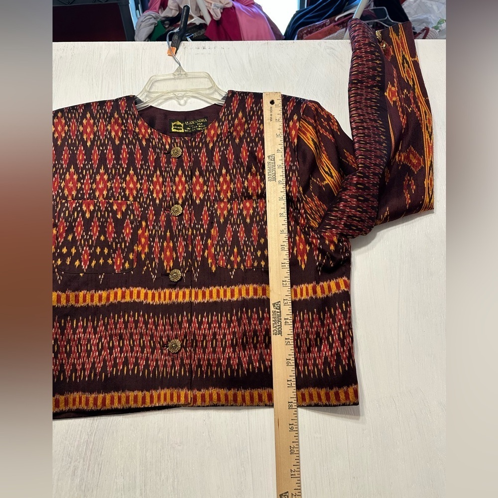 Vintage Alexandra Thai Silk Skirt Suit Set Jacket & Pencil Skirt Ikat Print Sz S - Picture 9 of 12